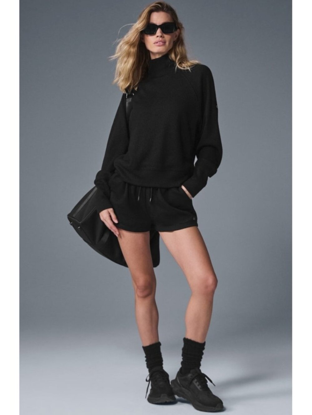 Alo Waffle Weekend Escape Mock Neck Long Sleeve Black Turtleneck Thermal Sweater - Picture 4 of 8